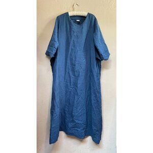 Len Ok Women's Large Oversized 3/4 Sleeve Belted Linen Long Dress Blue Pockets